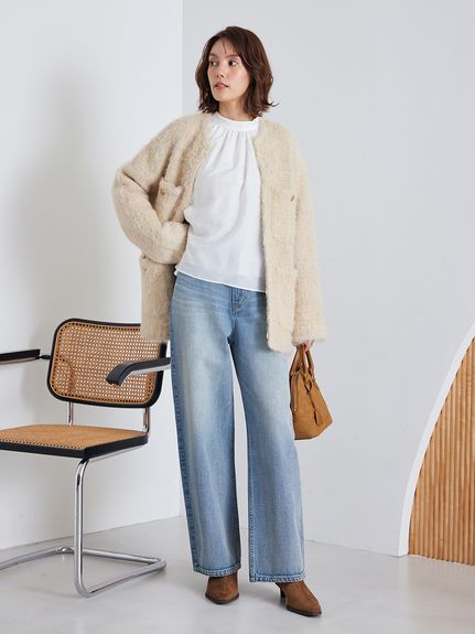 金釦ラメシャギーツイードニットジャケット(ノーカラージャケット