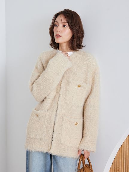 金釦ラメシャギーツイードニットジャケット(ノーカラージャケット