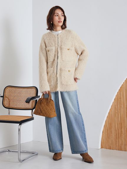 金釦ラメシャギーツイードニットジャケット(ノーカラージャケット