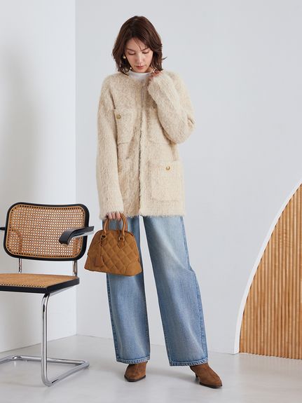 金釦ラメシャギーツイードニットジャケット(ノーカラージャケット