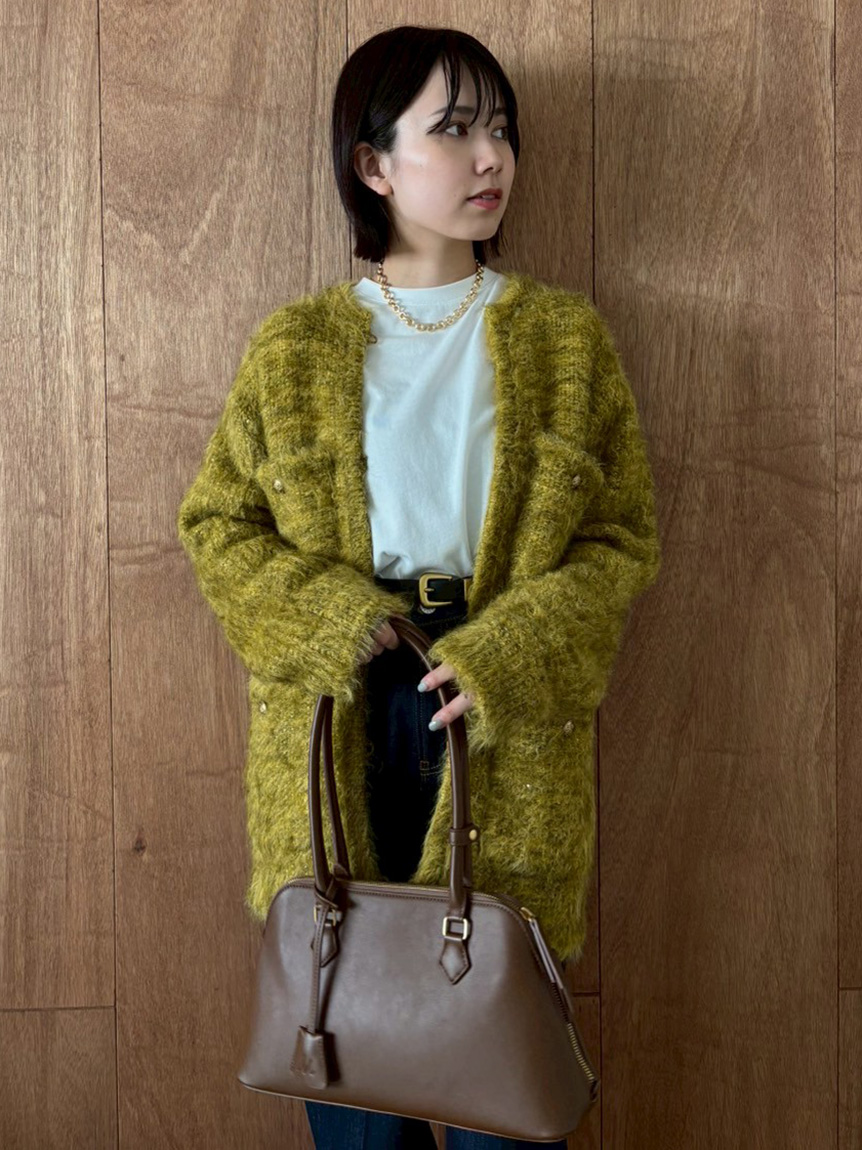 金釦ラメシャギーツイードニットジャケット(ノーカラー