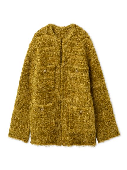 ミラオーウェン ツイードニットジャケット ノーカラー　金ボタン　イエロー Mila Owen（ミラオーウェン）の「ツイードニットジャケット