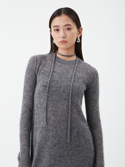 タイ付きアルパカ混シアーニットフレアワンピース(ニット