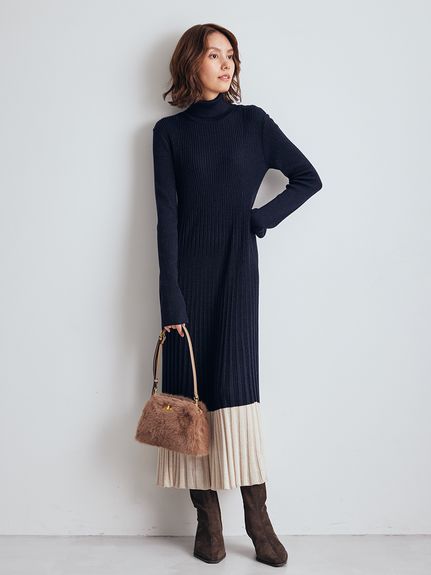 タートルネックロングリブニットワンピース(マキシ・ロングワンピース