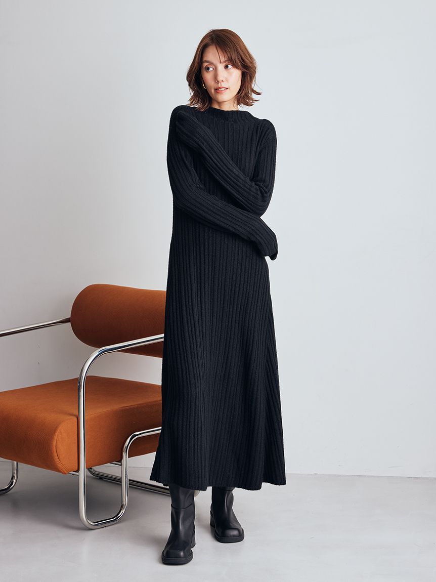 WEB限定】後ろリボンフレアロングリブニットワンピース(マキシ・ロング