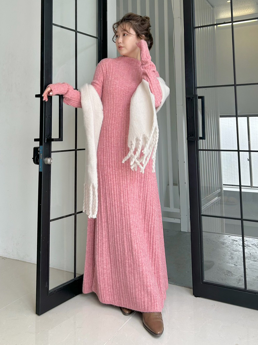 WEB限定】後ろリボンフレアロングリブニットワンピース(マキシ・ロング