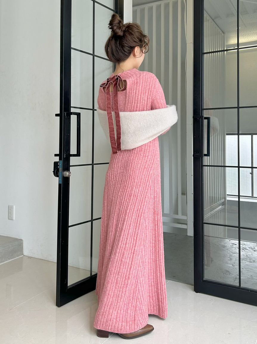 WEB限定】後ろリボンフレアロングリブニットワンピース(マキシ・ロング