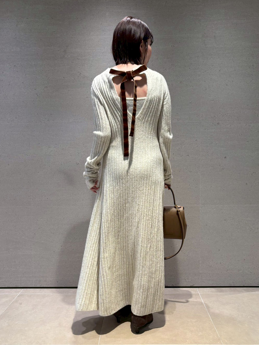 WEB限定】後ろリボンフレアロングリブニットワンピース(マキシ・ロング