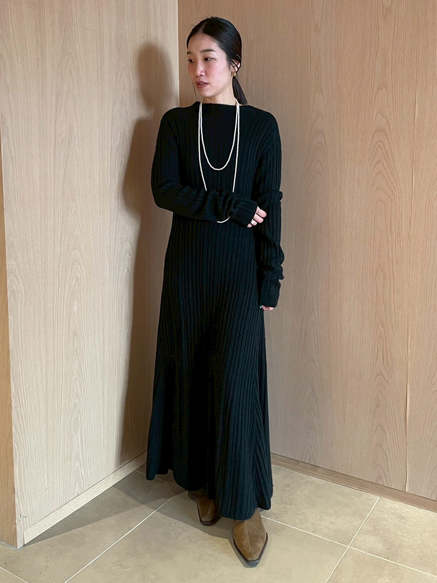 WEB限定】後ろリボンフレアロングリブニットワンピース(マキシ・ロング