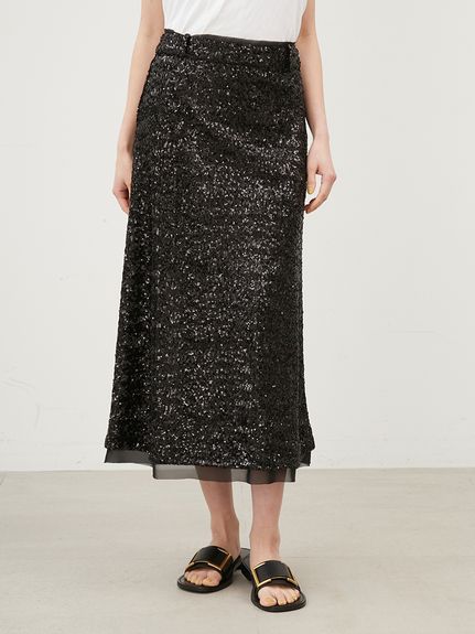 WEB限定00サイズ】ウエストゴムスパンコールストレートスカート(ロング  