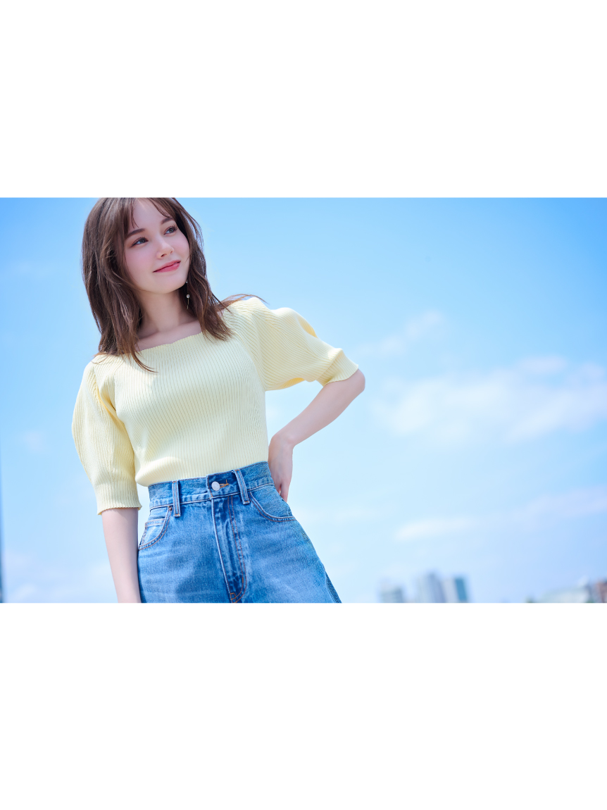 【MASH STORE限定】【UV加工】パフスリーブオフショルニット MASH STORE限定】【UV加工】パフスリーブオフショルニット