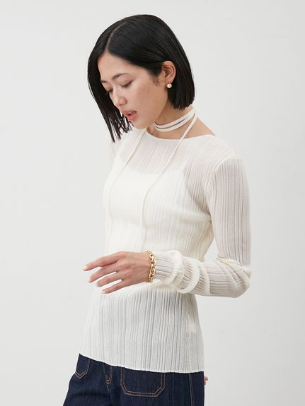 ボートネックタイ付ランダムリブシアーニット(ニット)｜トップス｜Mila