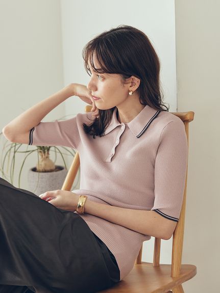 セットアップ対応】ポロ衿リブニットプルオーバー(ニット)｜トップス