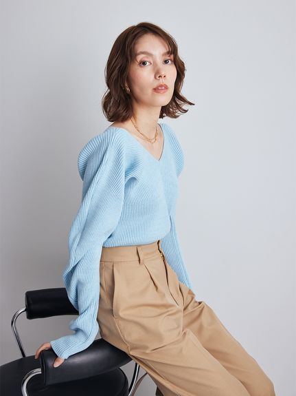 Vネックカーブスリーブリブニットトップス(ニット)｜トップス｜Mila