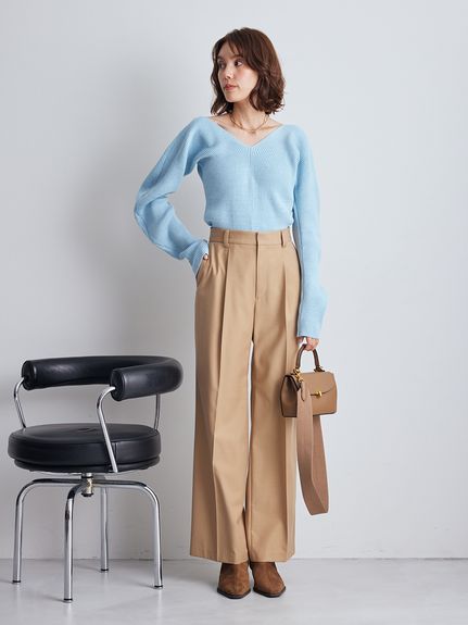 Vネックカーブスリーブリブニットトップス(ニット)｜トップス｜Mila