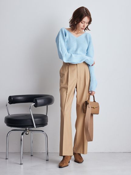 Vネックカーブスリーブリブニットトップス(ニット)｜トップス｜Mila