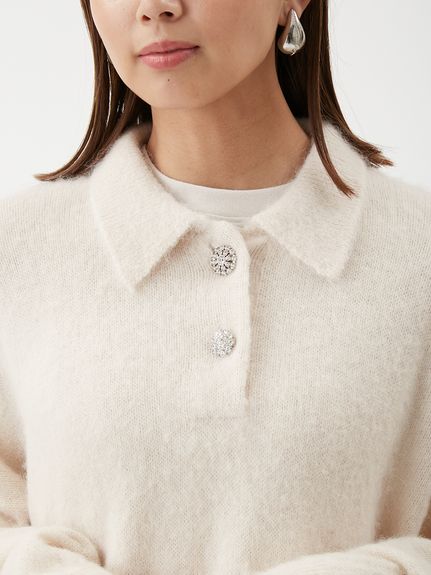 ビジュー釦クロップドポロニットプルオーバー(ニット)｜トップス｜Mila