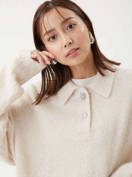 ビジュー釦クロップドポロニットプルオーバー(ニット)｜トップス｜Mila