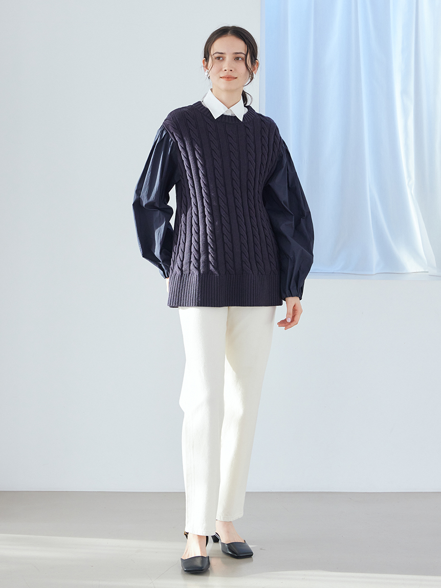 付け衿付きシャツドッキングケーブルニット(ニット)｜トップス｜Mila