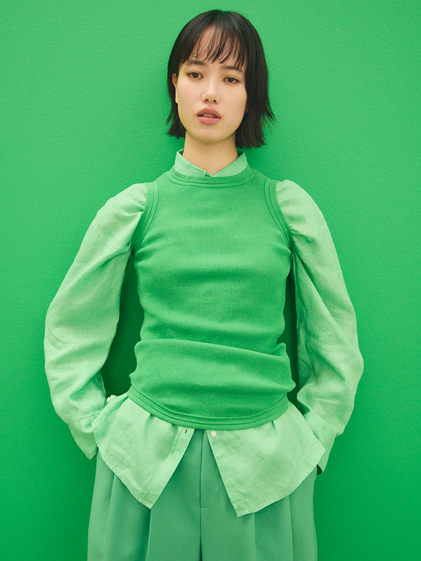 ANN DEMEULEMEESTER オリーブグリーン Aラインニット UVケアアメスリタンク(ニット)｜トップス｜Mila Owen（ミラ