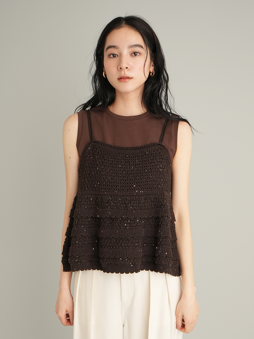 Mila Owen クロシェニットキャミ×ノースリトップス ウォッシャブル】クロシェニットキャミ×ノースリトップス(セットアップ