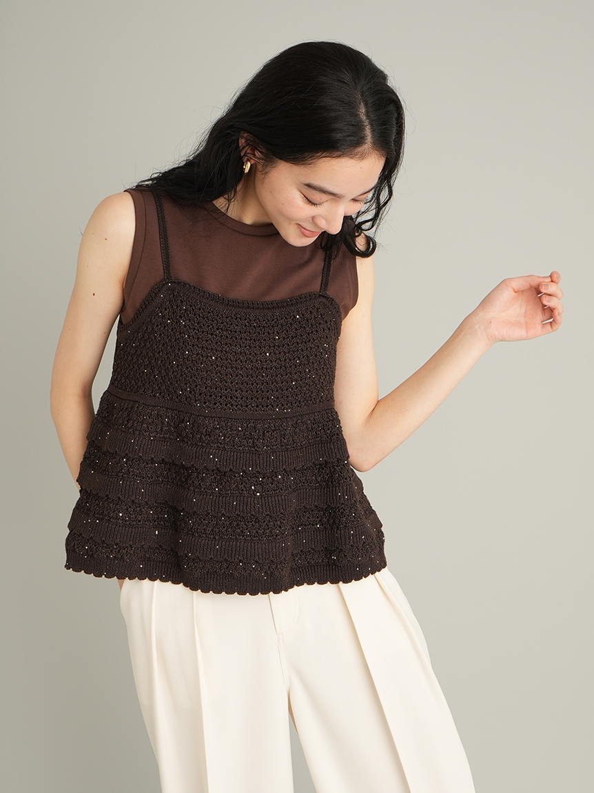 MilaOwen クロシェニットキャミ×ノースリーブトップス ウォッシャブル】クロシェニットキャミ×ノースリトップス | ミラ