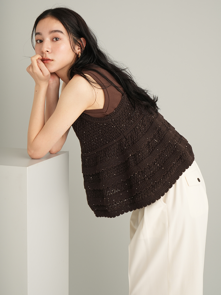 21日まで限定！新品✨ 【ウォッシャブル】クロシェニットキャミ×ノースリトップス ウォッシャブル】クロシェニットキャミ×ノースリトップス｜ミラ