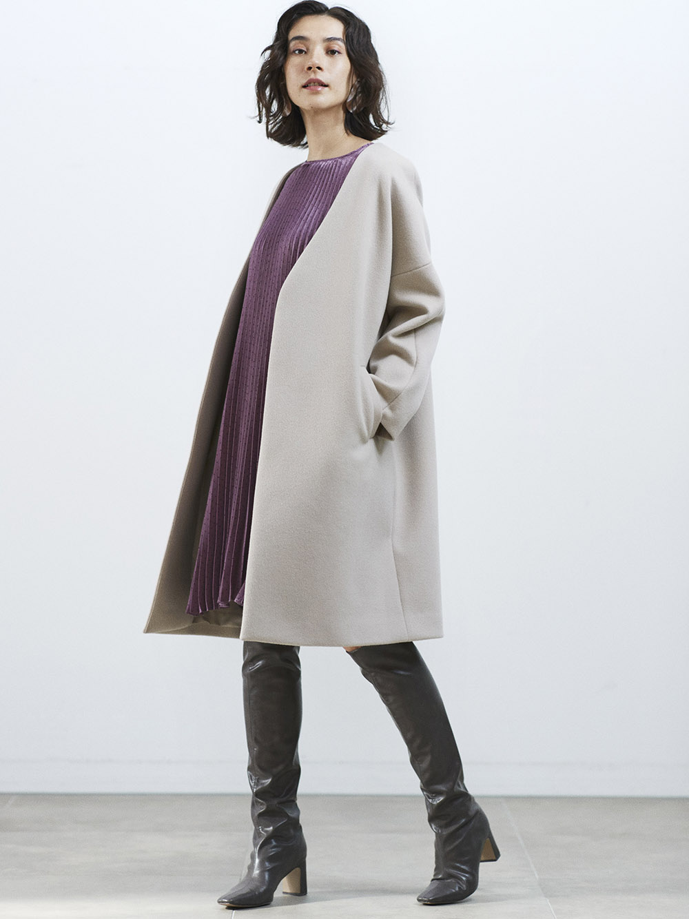 ノーカラーウールコート