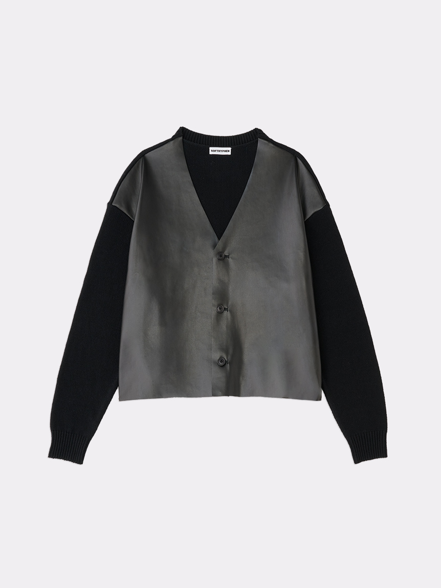 FAUX LEATHER FRONT KNIT CARDIGAN(KNITWEAR)｜SOFTHYPHEN （ソフト 