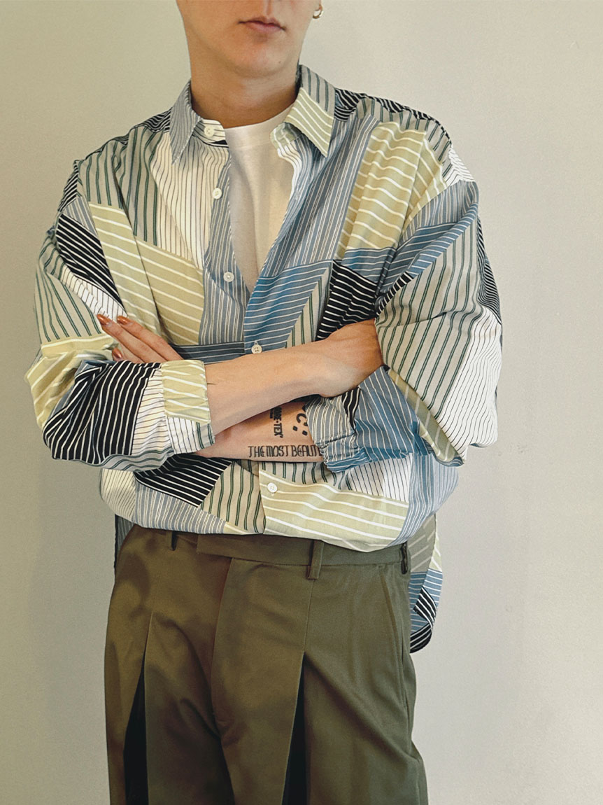 MIX STRIPE PULLED BACK COLLAR OVER SIZED SHIRT(SHIRTS)｜SOFTHYPHEN 