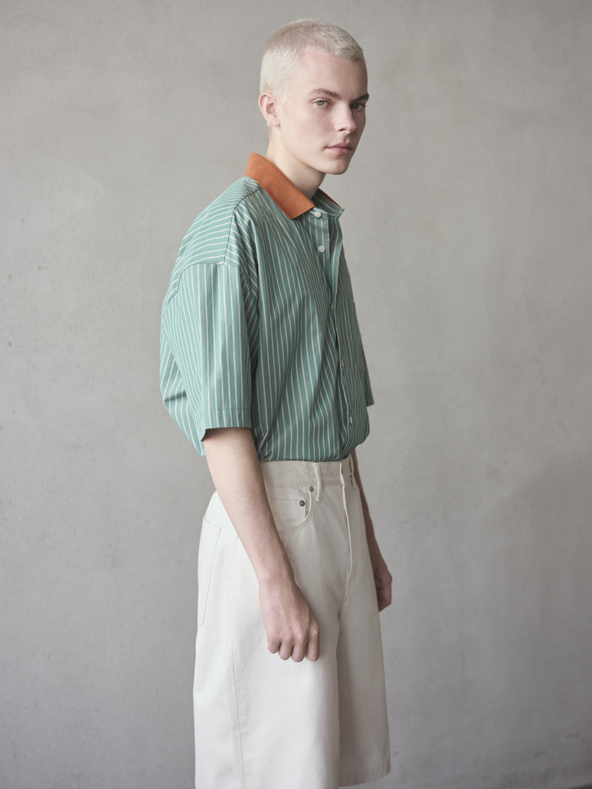 RIBBED COLLAR STRIPE S/S SHIRT(SHIRTS)｜SOFTHYPHEN （ソフト