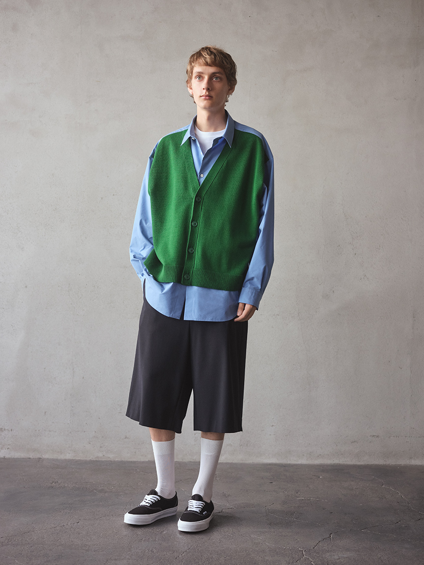 KNIT CARDIGAN DETAIL LAYERED SHIRT(SHIRTS)｜SOFTHYPHEN