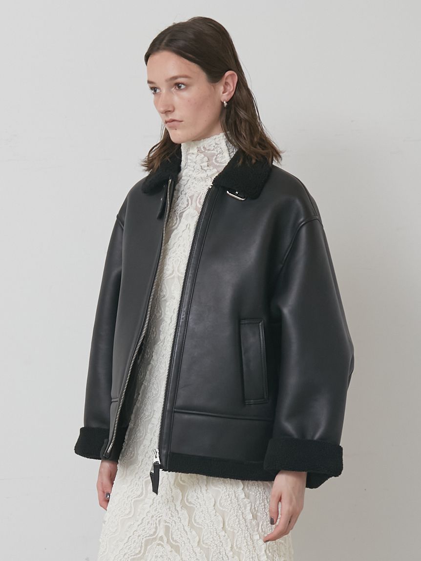 ポンチョ型 ラムレザー ミンクファー レザージャケット ブラック