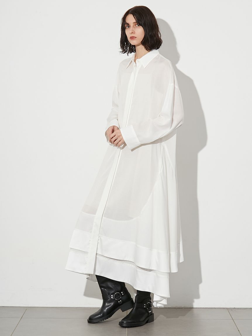 キャバン ハイネックドレスシャツ ワンピース スタンドカラー 2way 白 sakishimatokyo シャツワンピース 「選べる着丈」スタンドカラー